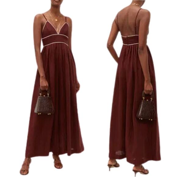 STAUD Figue Linen Jumpsuit 0 Brown NEW